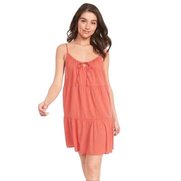 Old Navy Tiered Mini Cami Swing Dress Size Large Sleeveless Clip Dot Rust NEW - Picture 1 of 12